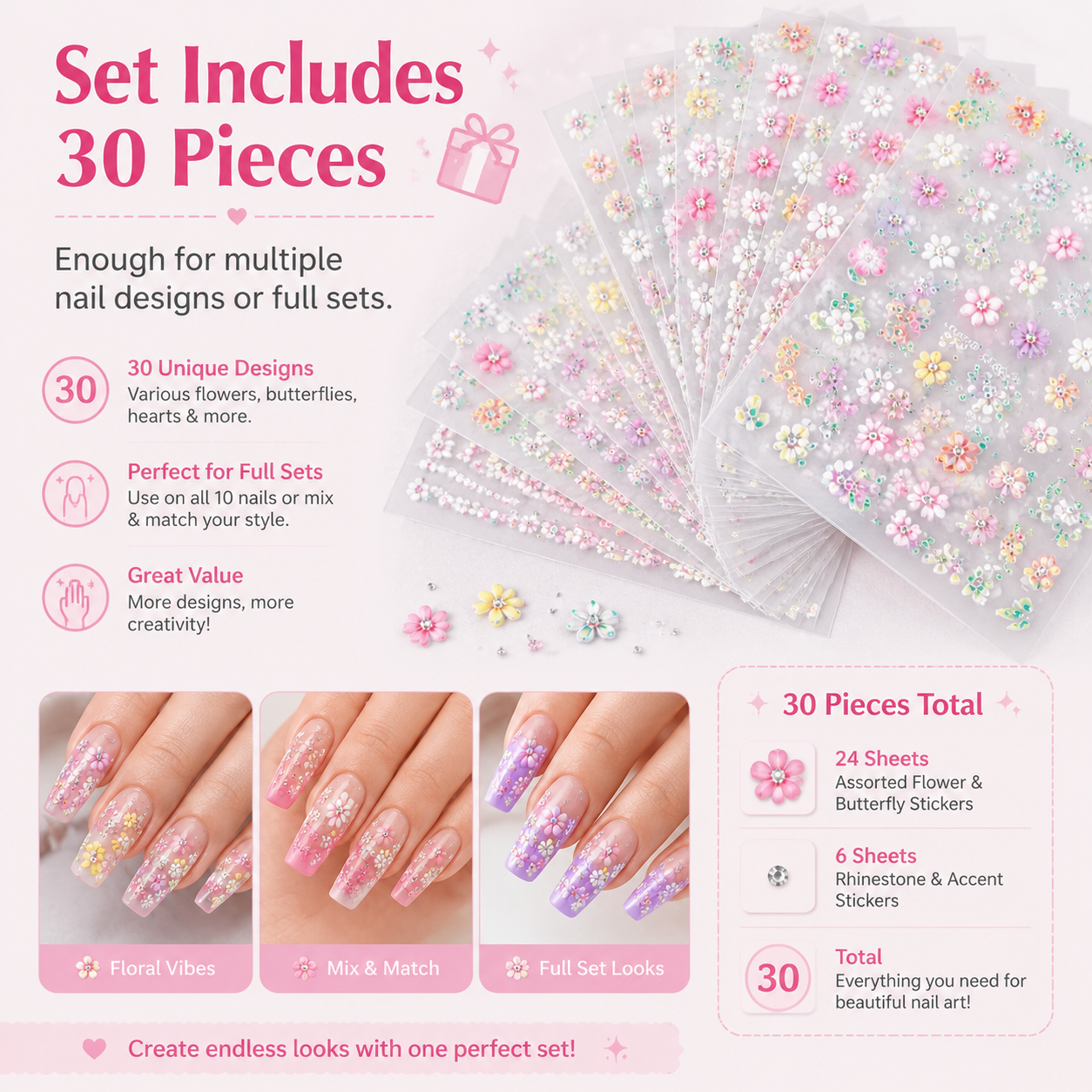 Butterfly & Flower Nail Stickers with Rhinestones