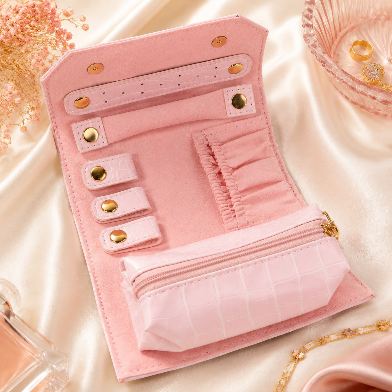 Portable Pink Jewelry Organizer – Travel Jewelry Storage Bag