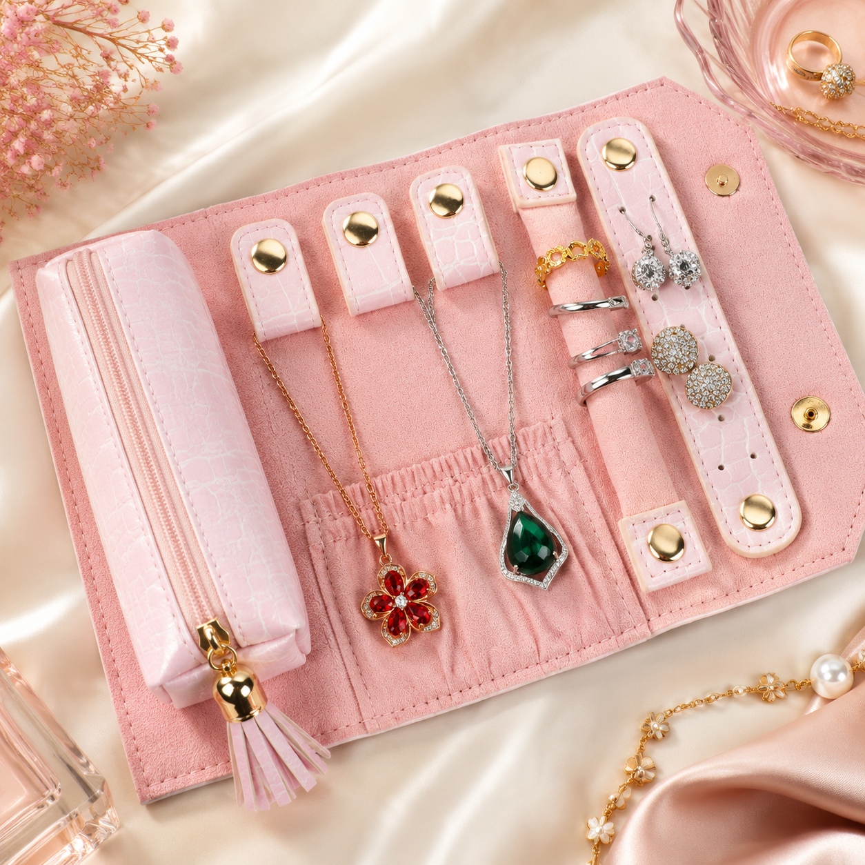 Portable Pink Jewelry Organizer – Travel Jewelry Storage Bag