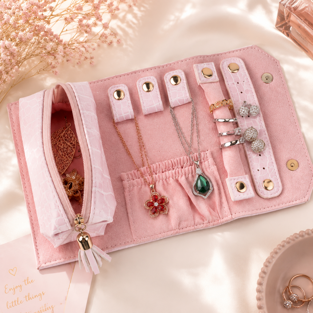 Portable Pink Jewelry Organizer – Travel Jewelry Storage Bag