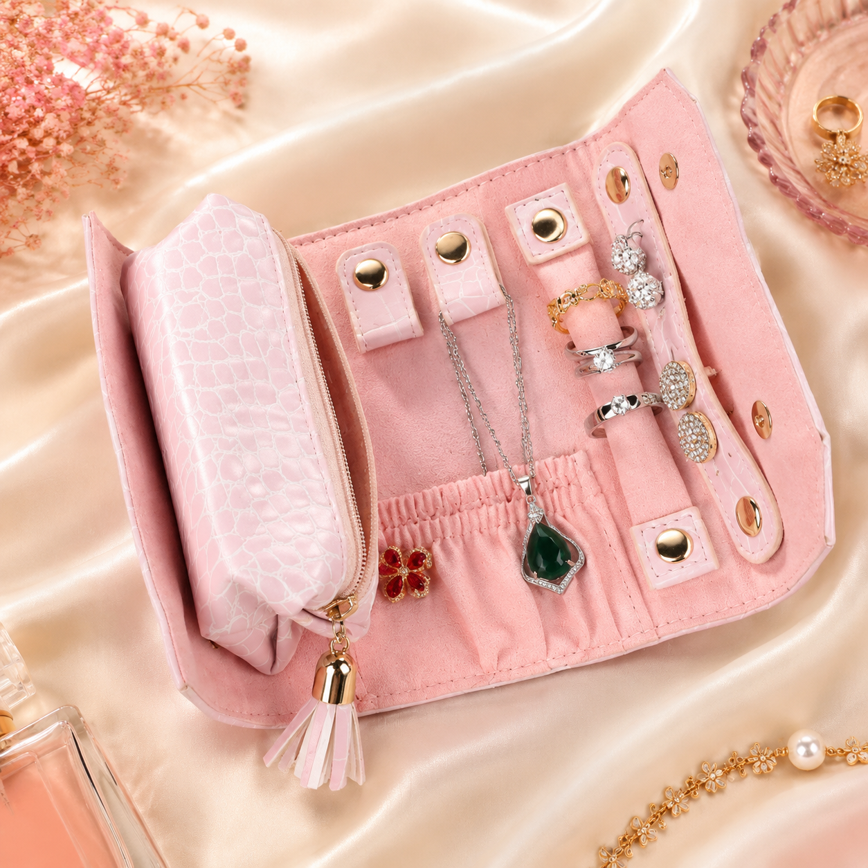 Portable Pink Jewelry Organizer – Travel Jewelry Storage Bag