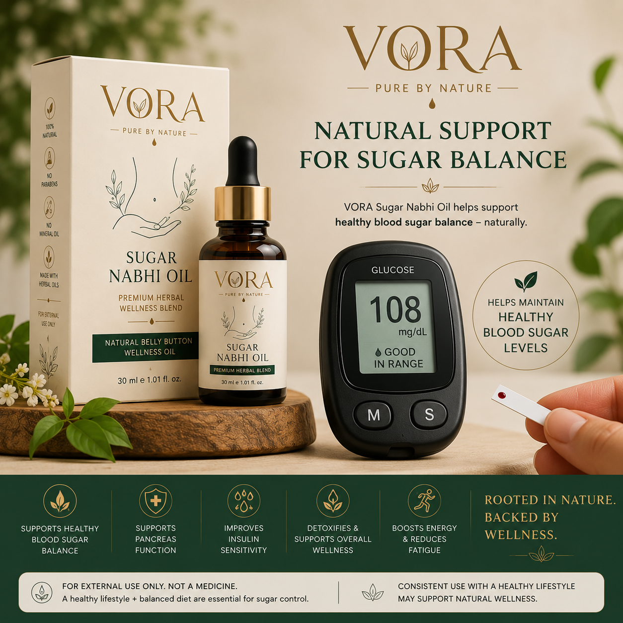 VORA® Sugar Balance Nabhi Oil | Premium Herbal Wellness Blend | 30ml