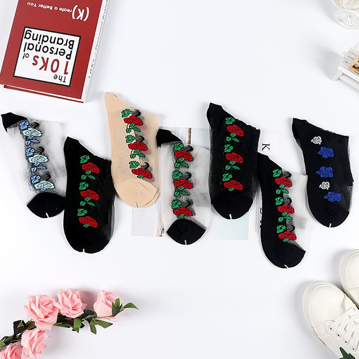 Thin Rose Silk Crystal Lace Ankle Socks